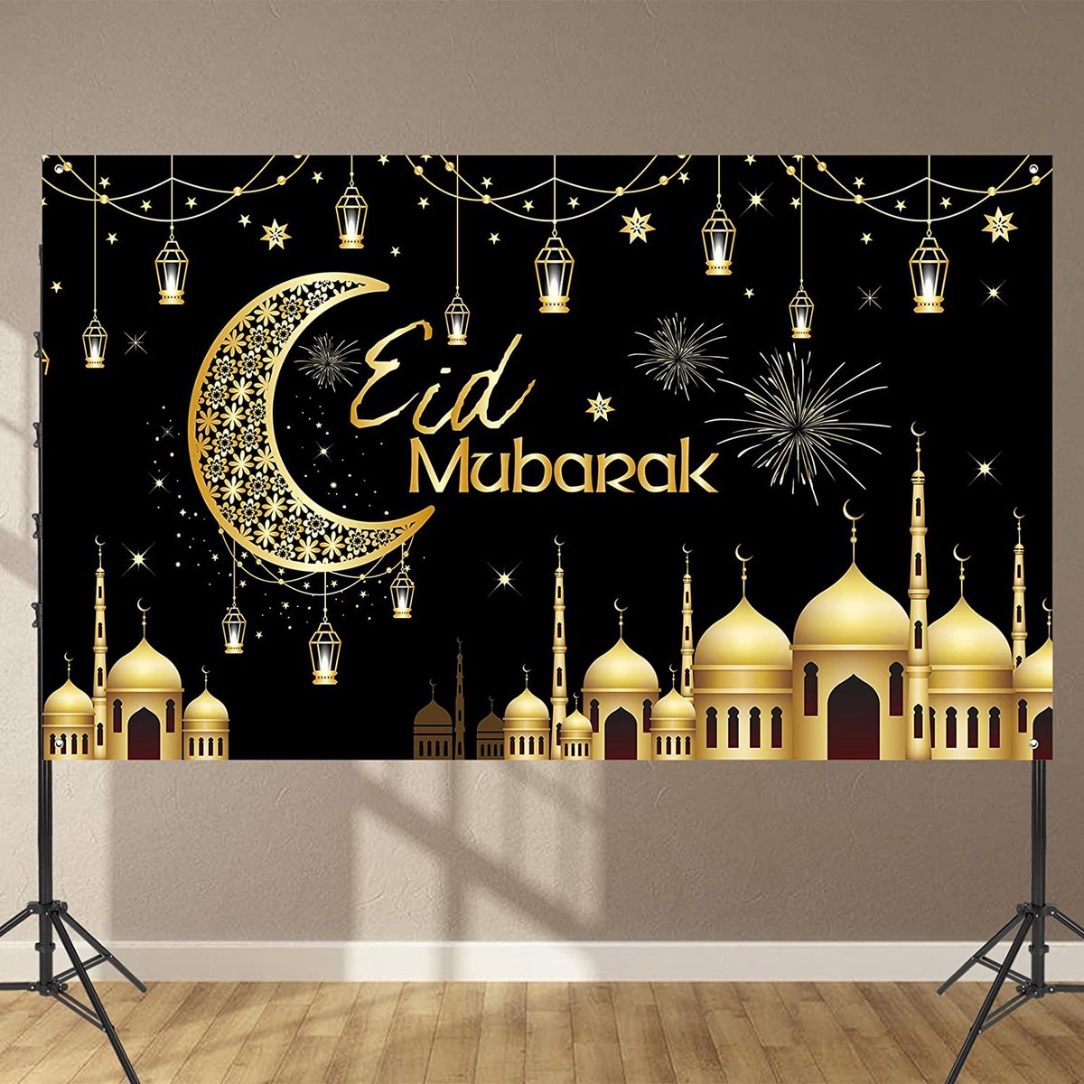 XXL Eid Mubarak Banner 185 x 110 cm | Wasbaar en Herbruikbaar | Achtergrond Ramadan Zwart - Goud | Ramadan Muur decoratie | Versiering Ramadan Mubarak